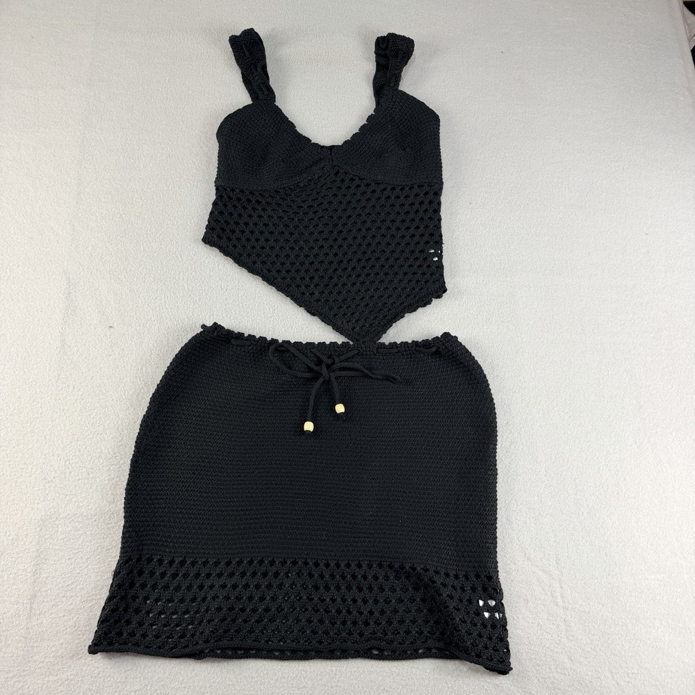 Black Crochet 2 Piece Set Handkerchief Top & Mini Skirt Small Boho Festival
